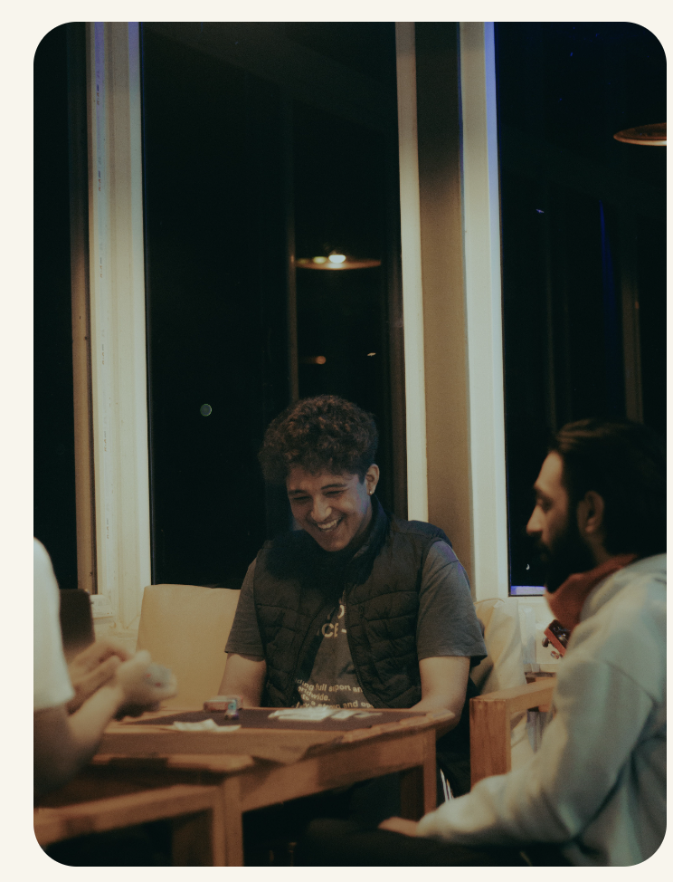 Mates chatting around a table